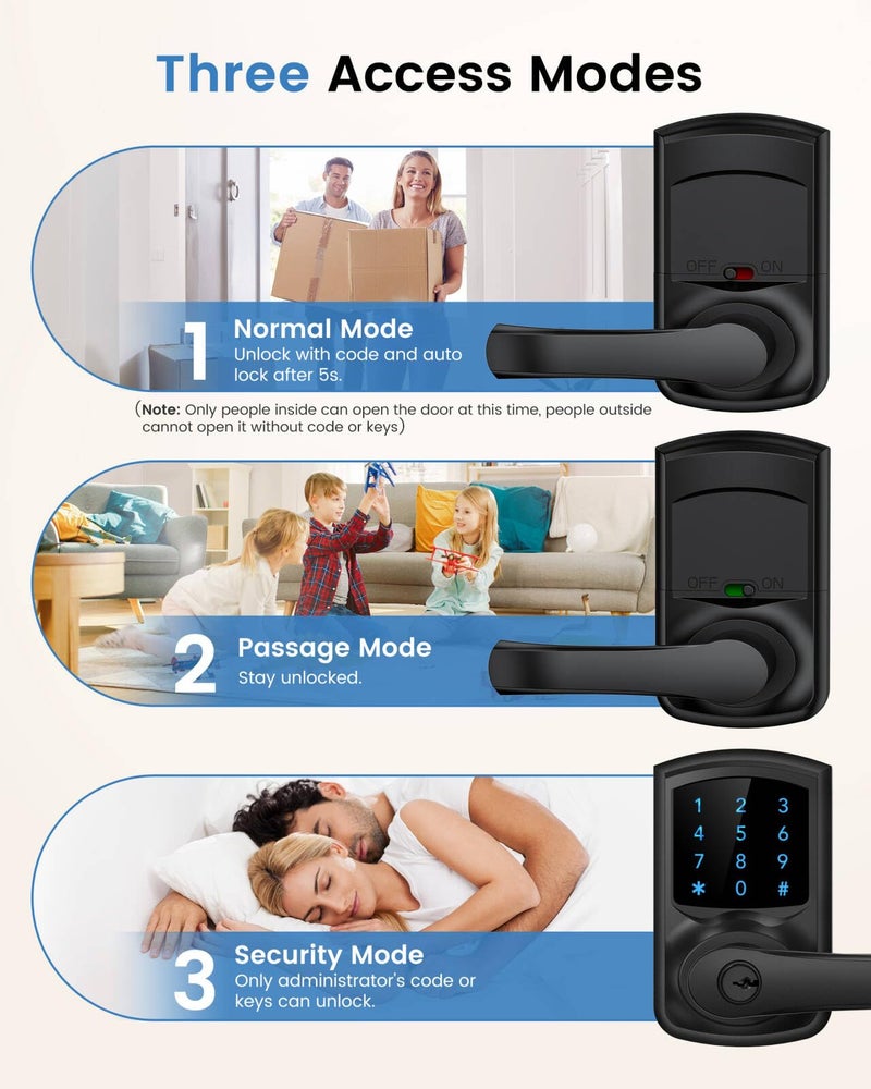 Hidalife Keyless Entry Door Lock  Smart Locks for Front Door  Keypad Door Knob with Handle  Touchscreen  One-Touch Toggle for Passage Mode  Matte Black - Image 3
